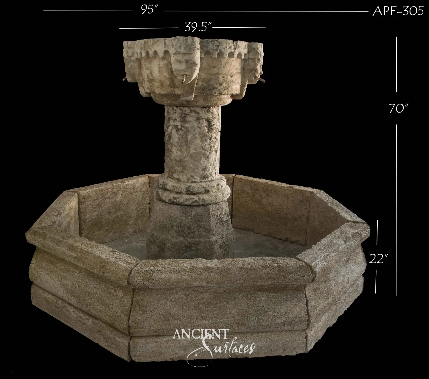 Octagonal limestone pool fountain with a carved gadrooned tazza bowl center