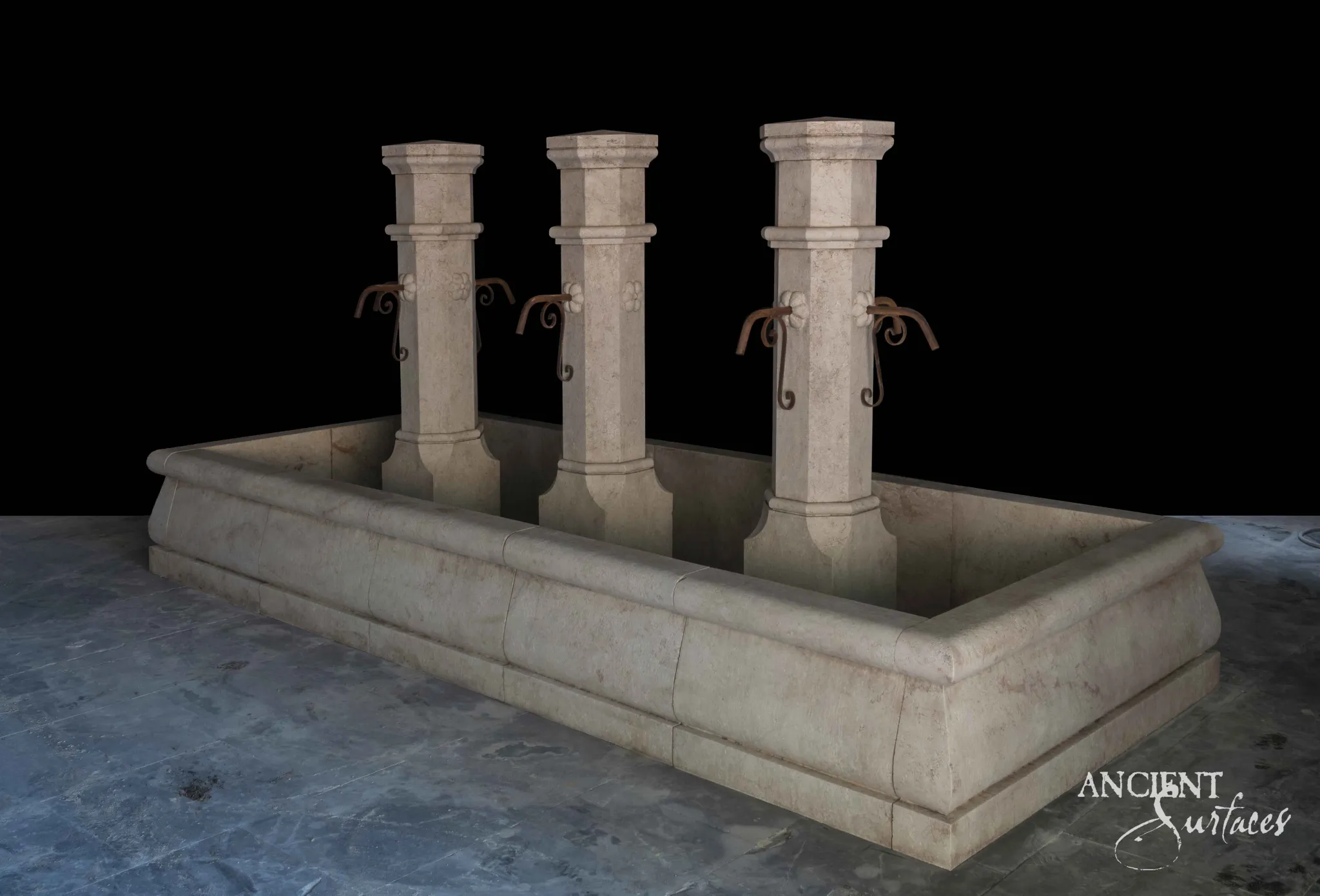 Long rectangular limestone pool fountain with three square pillars and wrought-iron floral spouts