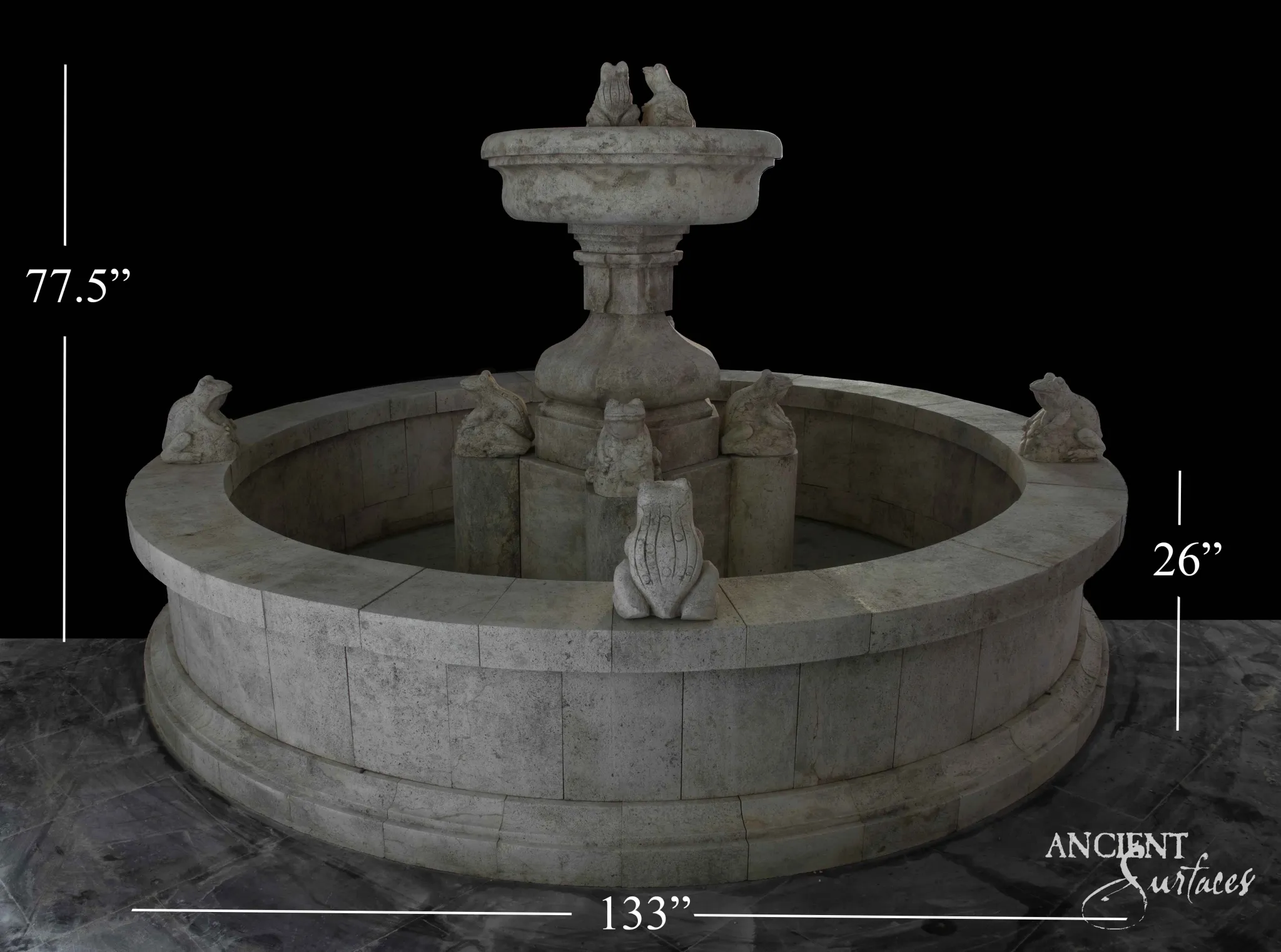 Large round tiered limestone pool fountain with carved birds and animal spouts