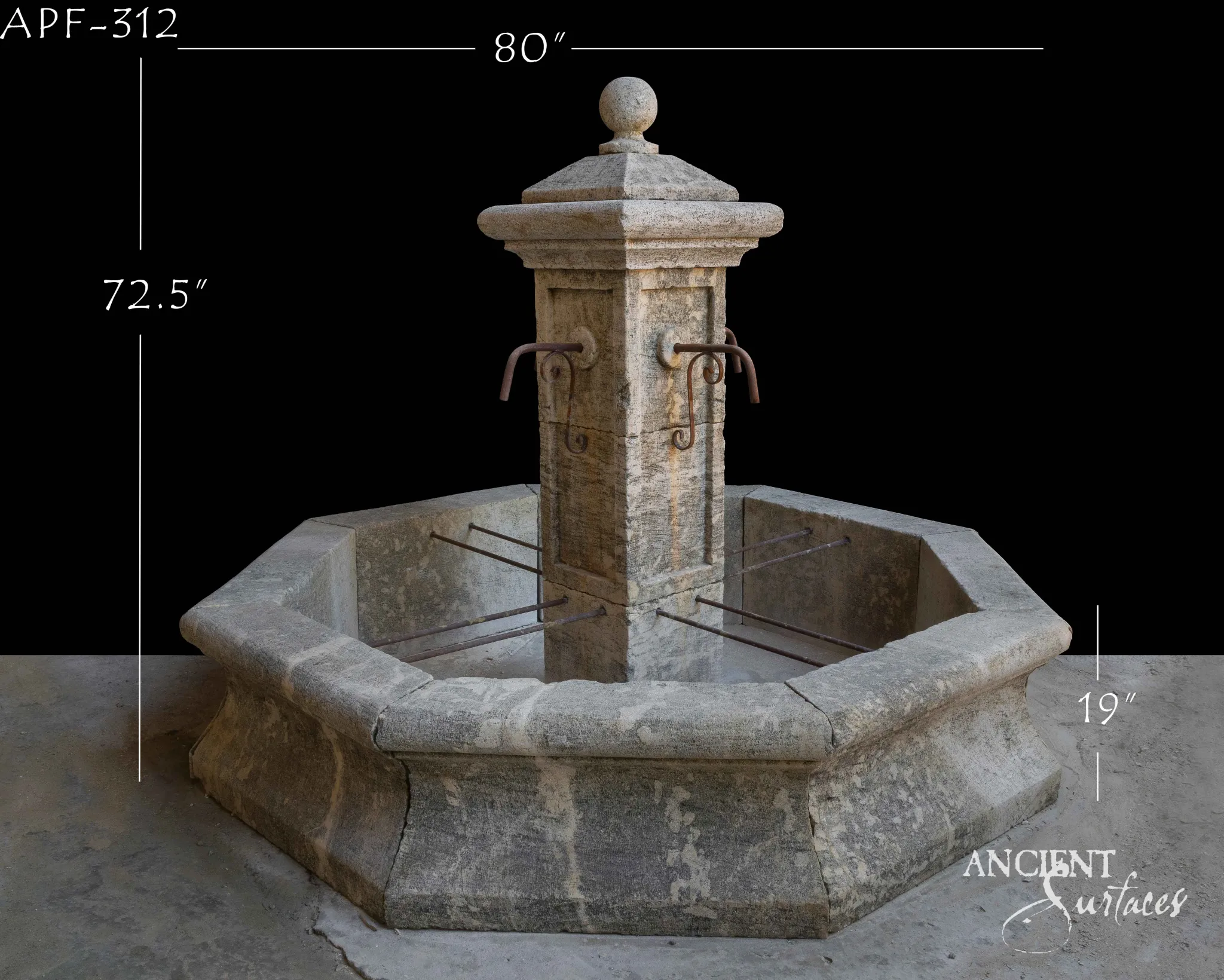 Octagonal limestone pool fountain with a ball-finial square pillar and iron spouts
