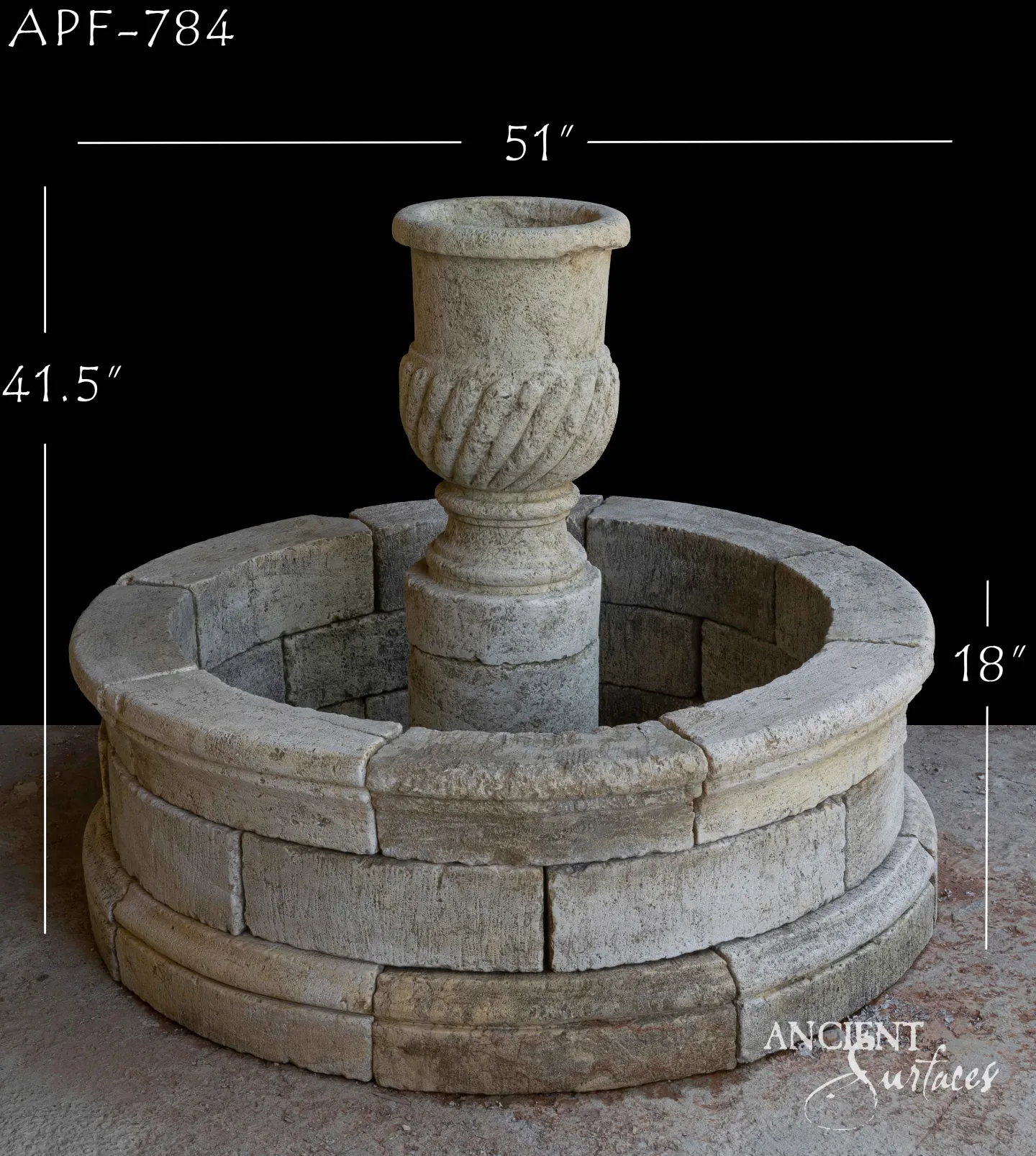 Compact round limestone pool fountain with a spiral-fluted carved urn centerpiece